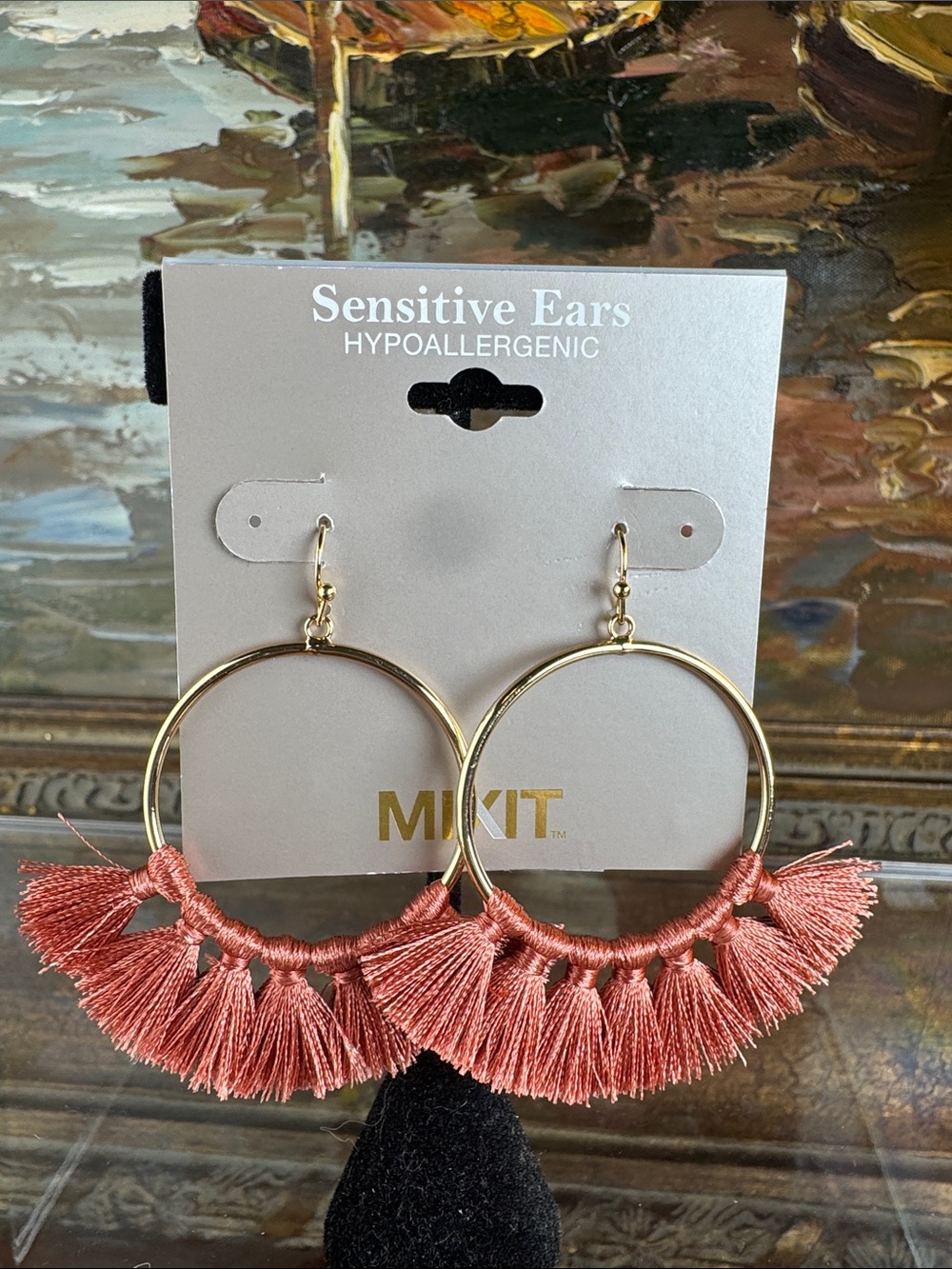 0590-Mixit Gold Hoop Earrings with Coral Tassel Fringe